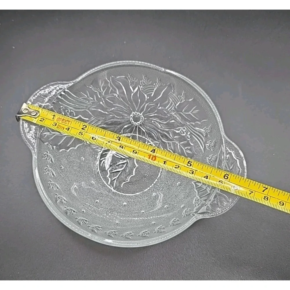 Clear and Frosted Poinsettia and Holly Candy Nut Bowl 2 Handles 6.5